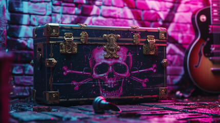 mockup of a cool and edgy headphone box with a skull and crossbones design and a slogan, containing...