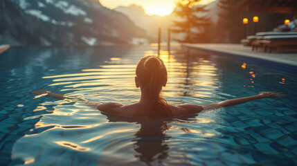A woman enjoys a serene bath in a pool with a mountain backdrop during sunset. Ai generative