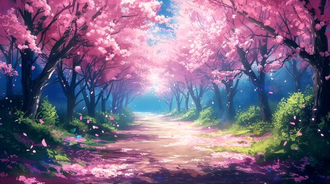 An enchanting cherry blossom grove during the peak of spring. Fantasy landscape anime or cartoon style, seamless looping 4k time-lapse virtual video animation background