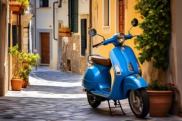 Schilderijen op glas Relaxed atmosphere of a serene Italian town, featuring a solitary blue scooter parked along the quiet streets, evoking a sense of peaceful living © Haider