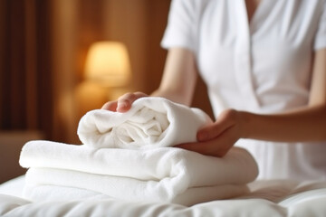 Close up hand of a professional chambermaid putting stack of fresh towels in hotel room.