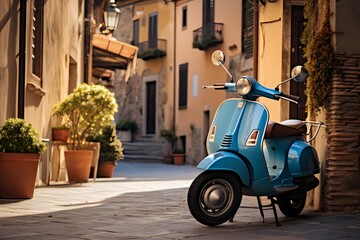 Relaxed atmosphere of a serene Italian town, featuring a solitary blue scooter parked along the quiet streets, evoking a sense of peaceful living