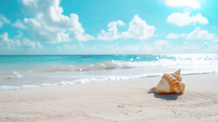 Fototapeta na wymiar Sunlit Conch Shell on Pristine Tropical Sandy Beach