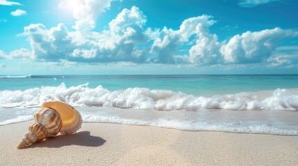 Fototapeta na wymiar A solitary seashell rests on the sand as gentle waves and sunshine create a serene beach scene.