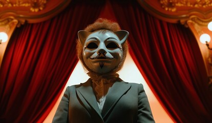 Papier-mache. An actress of a theater staying on the theatrical stage and wearing a weird mask of a cat. Grotesque. Role. Spotlight with red velvet drapes on the back. Pretending. Ludicrous
