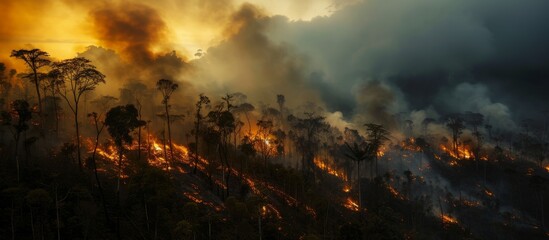 Fototapeta na wymiar Deliberate firing of forests in South America's high altitude Andes region is causing a catastrophic loss of vegetation, leading to a blazing tragedy.