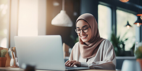 Confident muslim woman in hijab using laptop in a modern cafe setting. Professionalism and urban lifestyle concept. Generative AI