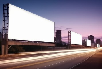 Fototapeta na wymiar Blank billboard on the highway during the twilight with city background with clipping path on screen for display your products or promotional