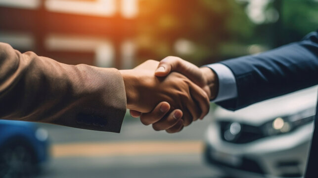 Close up hand of Customer shake hand with auto insurance agents after agreeing to terms of insurance with blurred car on background.