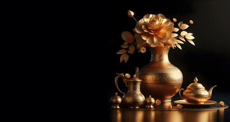 Flower and Golden vase on black