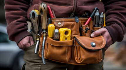 Close up of a maintenance worker with bag and tools kit wearing on waist.