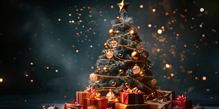 Decorated festive tree with pile of gifts on a dark Christmas background with snowflakes 4K video