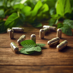 Close up of Herbal medicine in capsules from herb leaf on wooden table, Healthy eating with natural product for good living.
