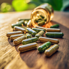 Close up of Herbal medicine in capsules from herb leaf on wooden table, Healthy eating with natural product for good living.