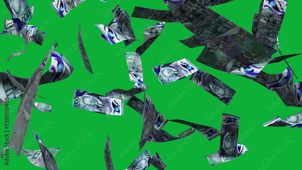 Poster 3d animation of barbadian dollar notes falling on green screen. remove the background by keying or s