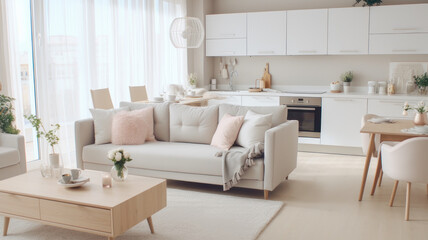 Fototapeta na wymiar interior design spacious bright studio apartment in Scandinavian style and warm pastel white and beige colors. trendy furniture in the living area and modern details in the kitchen area