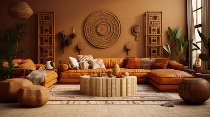 Fototapete Boho-Stil Home interior with ethnic boho decoration, living room in brown warm color