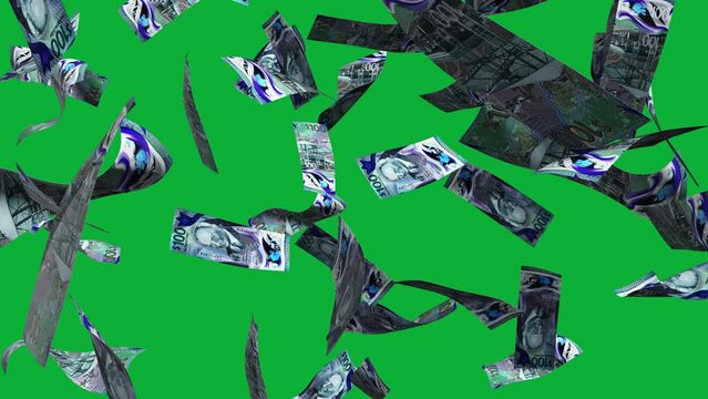 3D animation of Barbadian dollar notes Falling On green screen. Remove the background by keying or subtracting with the black and white matte to replace with a custom one