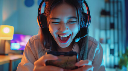 Young woman wearing headset and playing online game on smartphone