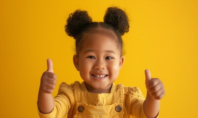 Cheerful Toddler Giving Thumbs Up on Yellow Background. Generative ai