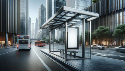 Urban bus stop with blank billboard for advertising, modern cityscape background. Marketing concept. Generative AI - Powered by Adobe