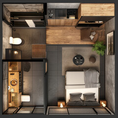 top view interior design concept for single-floor simplex condo - obrazy, fototapety, plakaty