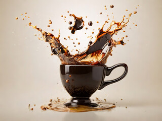 Cup of coffee with splashes and drops on a light background