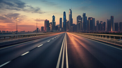 Fototapeta premium View of Empty road highway with lake garden and modern city skyline in background.