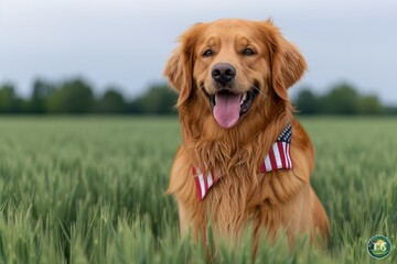 Golden Retriever with American Flag Bandana: A Celebration of Patriotism and Pet Love Generative AI - obrazy, fototapety, plakaty
