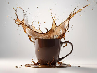 Coffee splashing out of a coffee cup on white background