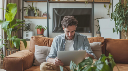 A man sits on the sofa and works at a laptop
 - obrazy, fototapety, plakaty