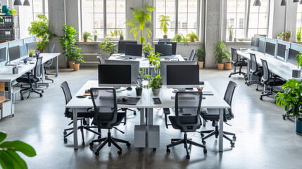 Modern open-plan office with clusters of desks and vibrant plant life. Generative AI