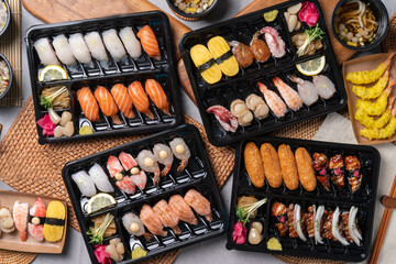 Sushi, Japanese, sashimi, side dishes, set menu, lunch box, tuna, salmon, flatfish, rockfish,...