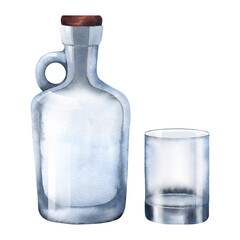 A glass bottle and a glass in watercolor on a white background. The illustration is hand-drawn. Transparent container, container, vase. Drink wine, gin, whiskey, moonshine, champagne, sea.