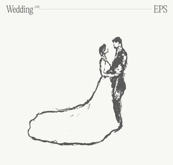 Bride and groom at the wedding ceremony. Hand drawn vector illustration, sketch.