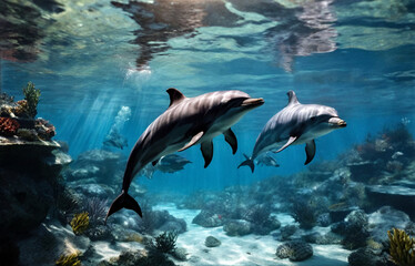 Dolphin (Delphinidae) mammal swimming in tropical underwaters. Two Dolphins in underwater wild world. Observation of wildlife ocean. Scuba diving adventure in Ecuador coast. Copy text space