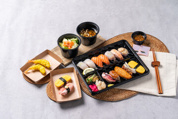 Sushi, Japanese, sashimi, side dishes, set menu, lunch box, tuna, salmon, flatfish, rockfish, shrimp, egg roll, fried tofu sushi, soy sauce shrimp, udon, fried food