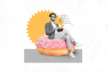 Creative drawing collage picture of funny gentleman sitting doughnut coffee tea cup enjoy breakfast...