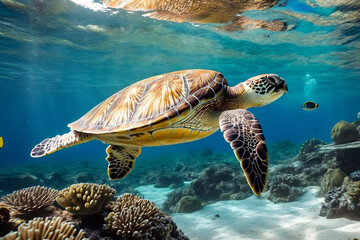 Naklejka premium Green sea Turtle (Testudines) mammal swimming in tropical underwaters. Turtles in underwater wild animal world. Observation of wildlife ocean. Scuba diving adventure in Ecuador coast