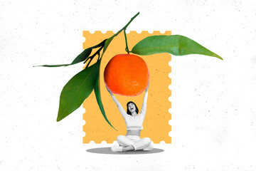 Collage picture banner of cheerful positive girl raise huge sweet orange isolated on white...