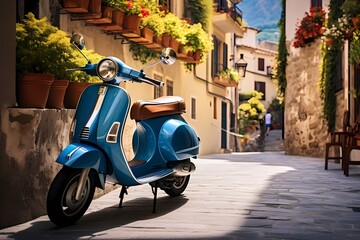 Scenic view of a blue scooter parked on the charming streets of an Italian town, capturing the...