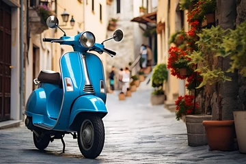Papier Peint photo Scooter Scenic view of a blue scooter parked on the charming streets of an Italian town, capturing the essence of a leisurely day in a quaint setting