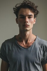 Obraz premium Fresh portrait of a beautiful young model man in a green .lush environment.