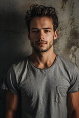 Obraz premium Fresh portrait of a beautiful young model man in a green .lush environment.