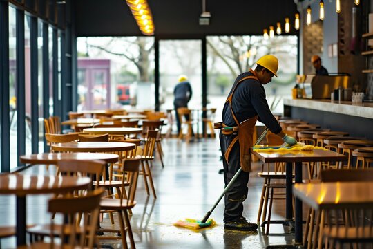 Janitorial Services at Work in a Public Dining Area. Generative ai