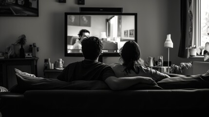 couple watching tv in the living room on the sofa bed, couch 
