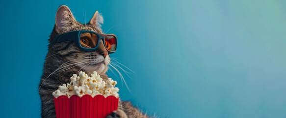 Funny hipster cat in 3D stereo glasses, enjoying a popsicle.