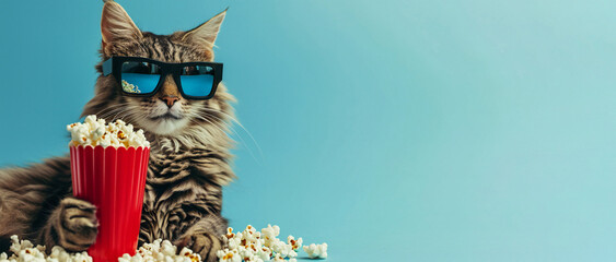 Funny hipster cat in 3D stereo glasses, enjoying a popsicle. Copy space for text. - obrazy, fototapety, plakaty