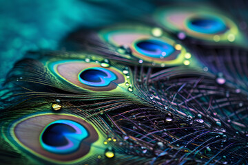Vibrant Peacock Feathers with Water Droplets