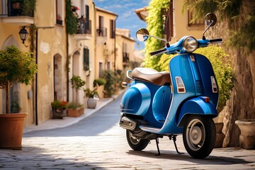 Scenic view of a blue scooter parked on the charming streets of an Italian town, capturing the essence of a leisurely day in a quaint setting